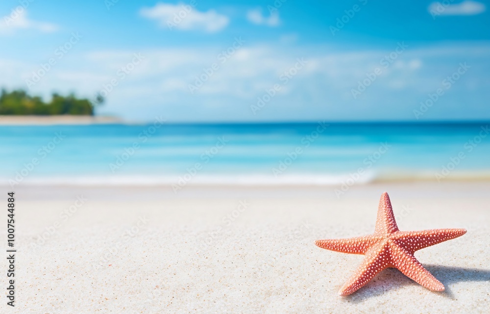 Pink starfish on a white sand beach with a blue sea background. Summer vacation concept Pink starfish on a white sand beach with a blue sea background. Summer vacation concept