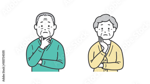 顔に手を当てて悩む高齢者男女の上半身イラスト