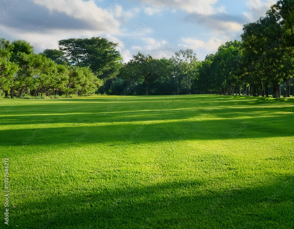 Green grass and trees in the park under the blue sky with clouds. Golf course, countryside Green grass and trees in the park under the blue sky with clouds. Golf course, countryside