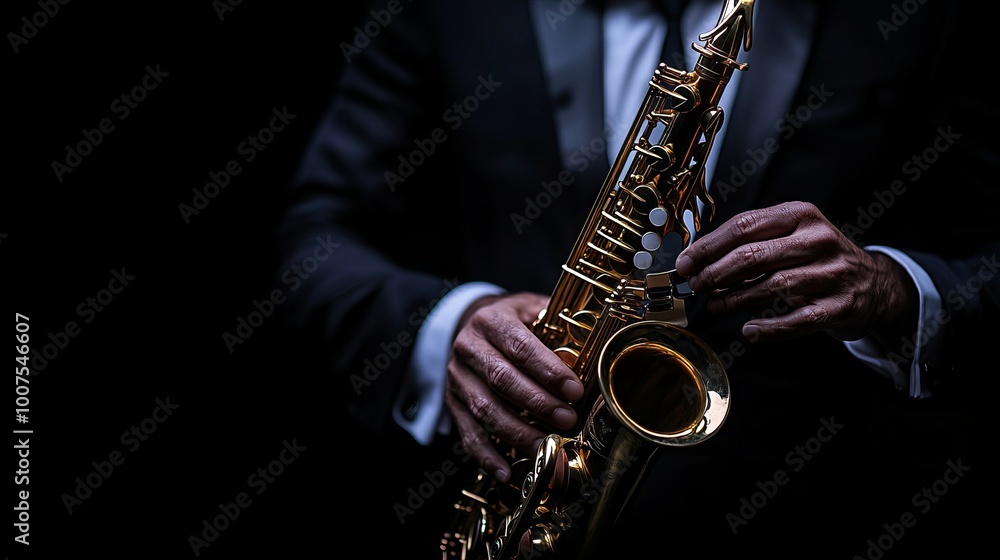Obraz premium Musician playing a saxophone in a dark room with dramatic lighting