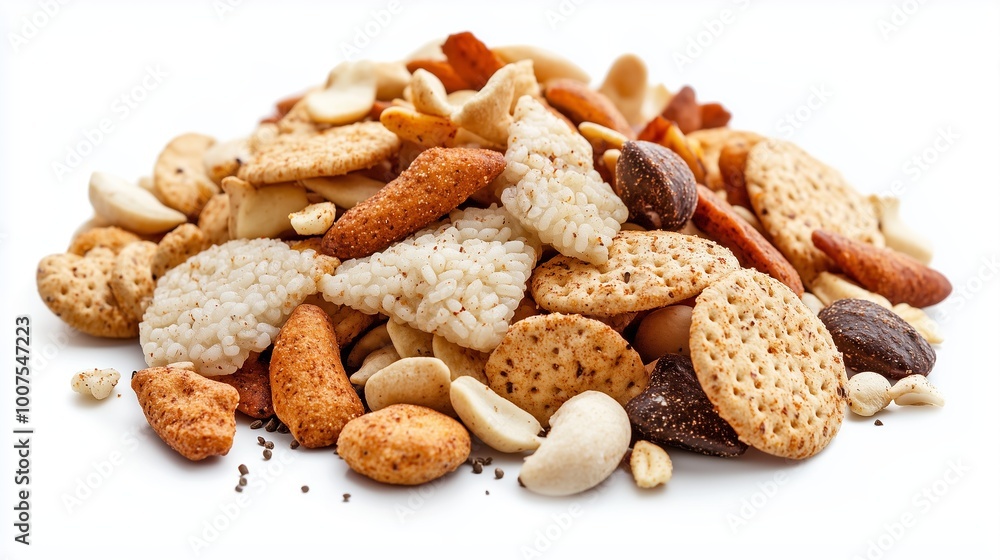 Assorted snack mix featuring nuts, rice crackers, and savory bites on a clean white surface Assorted snack mix featuring nuts, rice crackers, and savory bites on a clean white surface