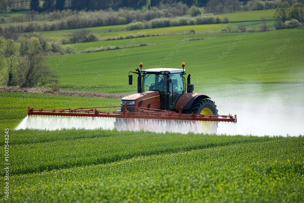 Naklejka premium Tractor Spraying Fertilizer in Green Field