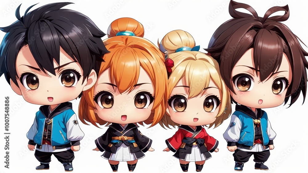 Four chibi characters in colorful outfits with expressive faces, likely from an anime or game. Four chibi characters in colorful outfits with expressive faces, likely from an anime or game.