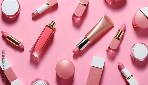 Luxurious Pink and Gold Cosmetics Displayed Elegantly on Soft Pink Background