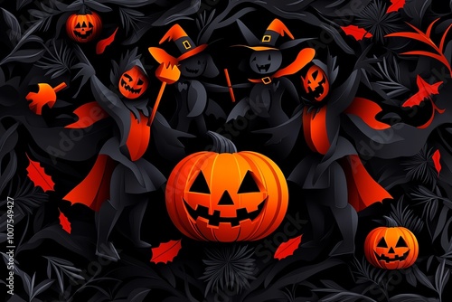 Geometric representation of a Halloween party, with abstract figures in costumes and simple jack-o'-lanterns, capturing the festive spirit.