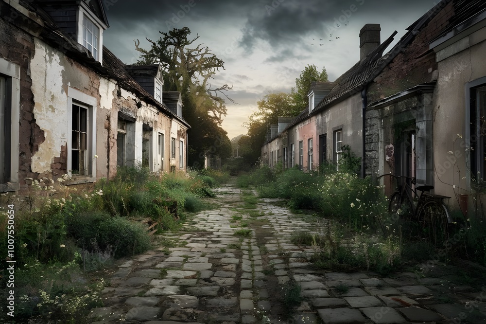 Exploring an Abandoned Village, A Gloomy Cobblestone Pathway Surrounded by Nature's Overgrowth. Exploring an Abandoned Village, A Gloomy Cobblestone Pathway Surrounded by Nature's Overgrowth.