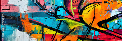 The energetic and vibrant abstract street art mural with bold colors dynamic composition