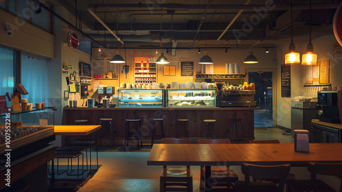 Cozy and inviting cafe interior with wooden furniture industrial lighting and a warm relaxing atmosphere ideal for gathering socializing and enjoying food and drinks