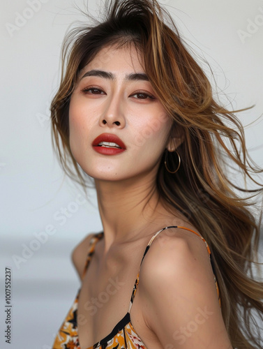 Alluring and captivating portrait of a young Asian woman with long wavy hair and vibrant red lips dressed in a fashionable outfit and posing confidently in a studio setting