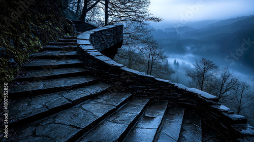 Moody stone pathway on the edge of a mountain overlooking a misty forest valley, eerie mysterious landscape, cold scenic atmospheric overcast nature