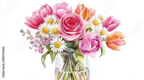 Wallpaper Mural A vibrant bouquet of tulips, daisies, and roses arranged in a clear vase on a bright background Torontodigital.ca