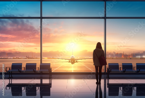 Silhouetted figure standing before the dramatic sunset view from an airport terminal photo