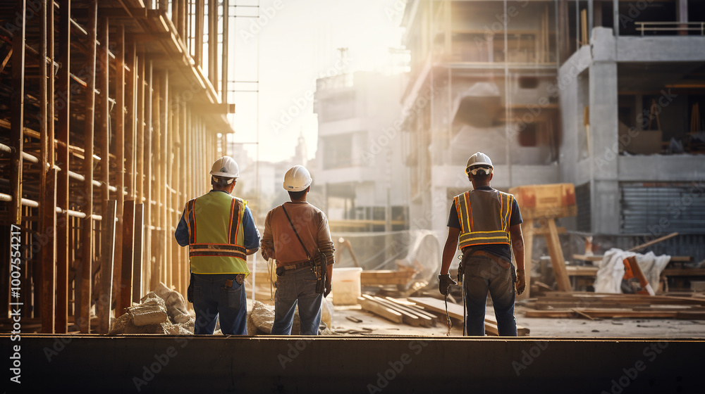 Construction Workers Overseeing Building Development Project at Worksite Construction Workers Overseeing Building Development Project at Worksite