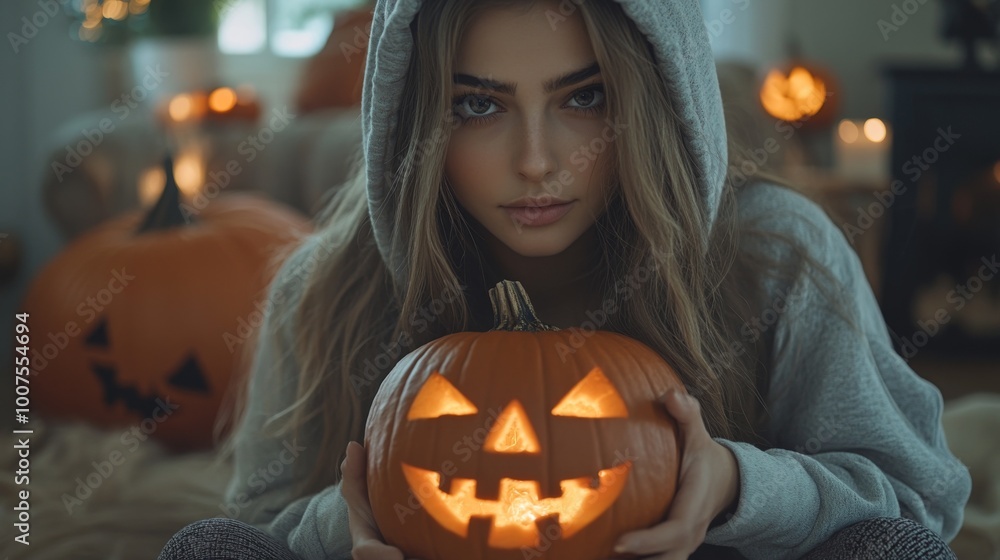 Hooded Girl with Illuminated Pumpkin Lantern in a Dark Halloween Setting Hooded Girl with Illuminated Pumpkin Lantern in a Dark Halloween Setting