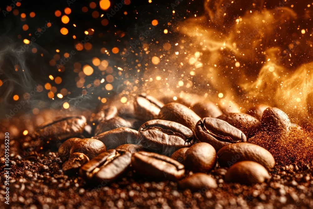 Close-Up of Roasted Coffee Beans with Stunning Effects Close-Up of Roasted Coffee Beans with Stunning Effects