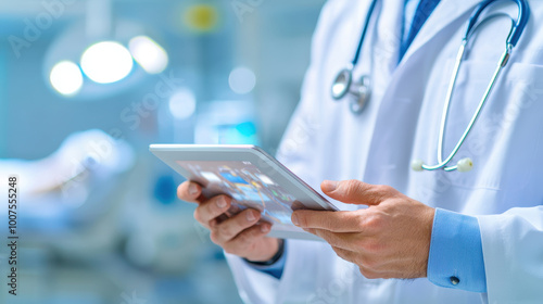 Doctor using tablet to review patient data in modern medical setting.