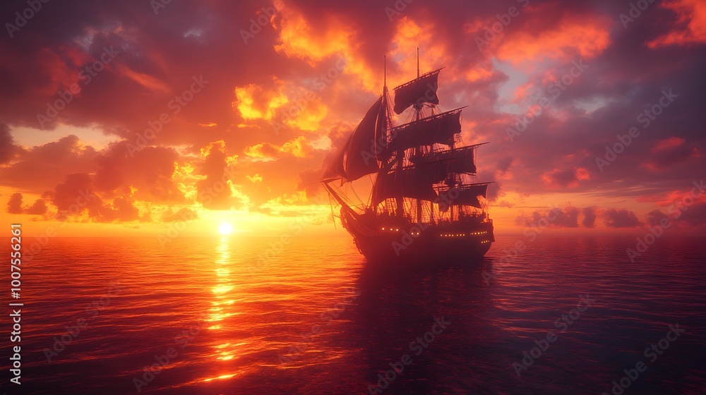 Beautiful Majestic Ship Sailing Over a Peaceful Sunset Ocean Scene picture Beautiful Majestic Ship Sailing Over a Peaceful Sunset Ocean Scene picture