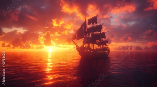 Beautiful Majestic Ship Sailing Over a Peaceful Sunset Ocean Scene picture