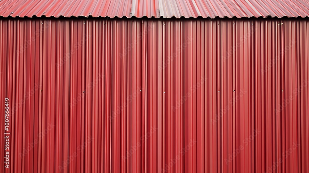 Red corrugated sheet metal. Roof texture background. Steel wall pattern. Container made of iron panels. Ribbed fence for the house used in construction. Red corrugated sheet metal. Roof texture background. Steel wall pattern. Container made of iron panels. Ribbed fence for the house used in construction.