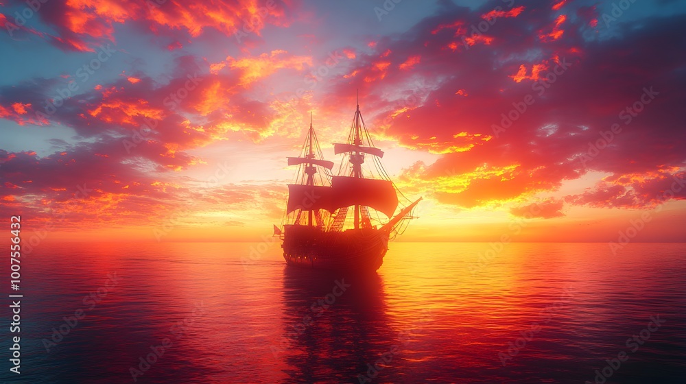 Majestic Ship Cutting Through Calm Ocean Waters at Golden Sunset picture Majestic Ship Cutting Through Calm Ocean Waters at Golden Sunset picture