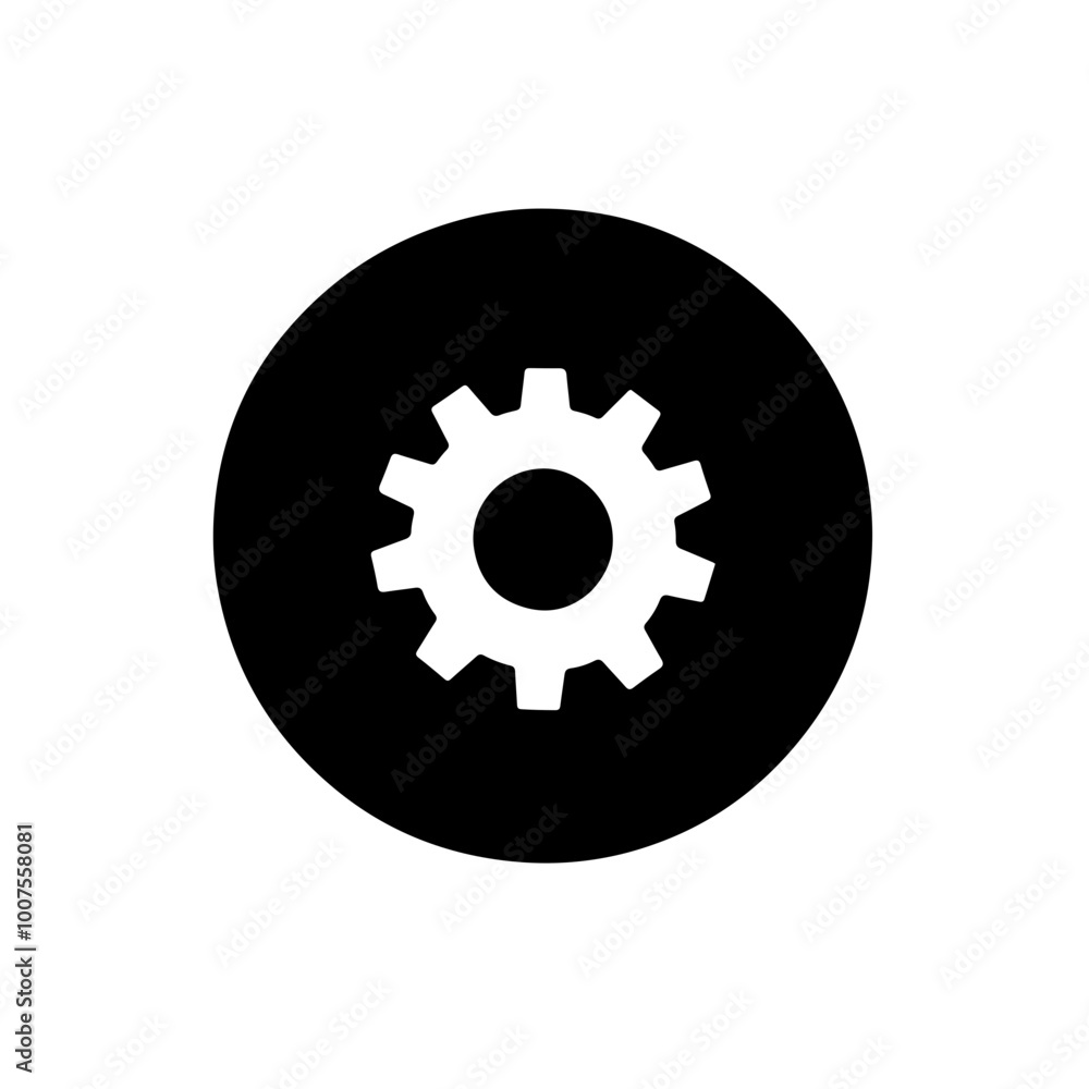 Minimalist gear icon in a black circle, representing technology, mechanics, and engineering. Great for tech and industrial branding. Minimalist gear icon in a black circle, representing technology, mechanics, and engineering. Great for tech and industrial branding.