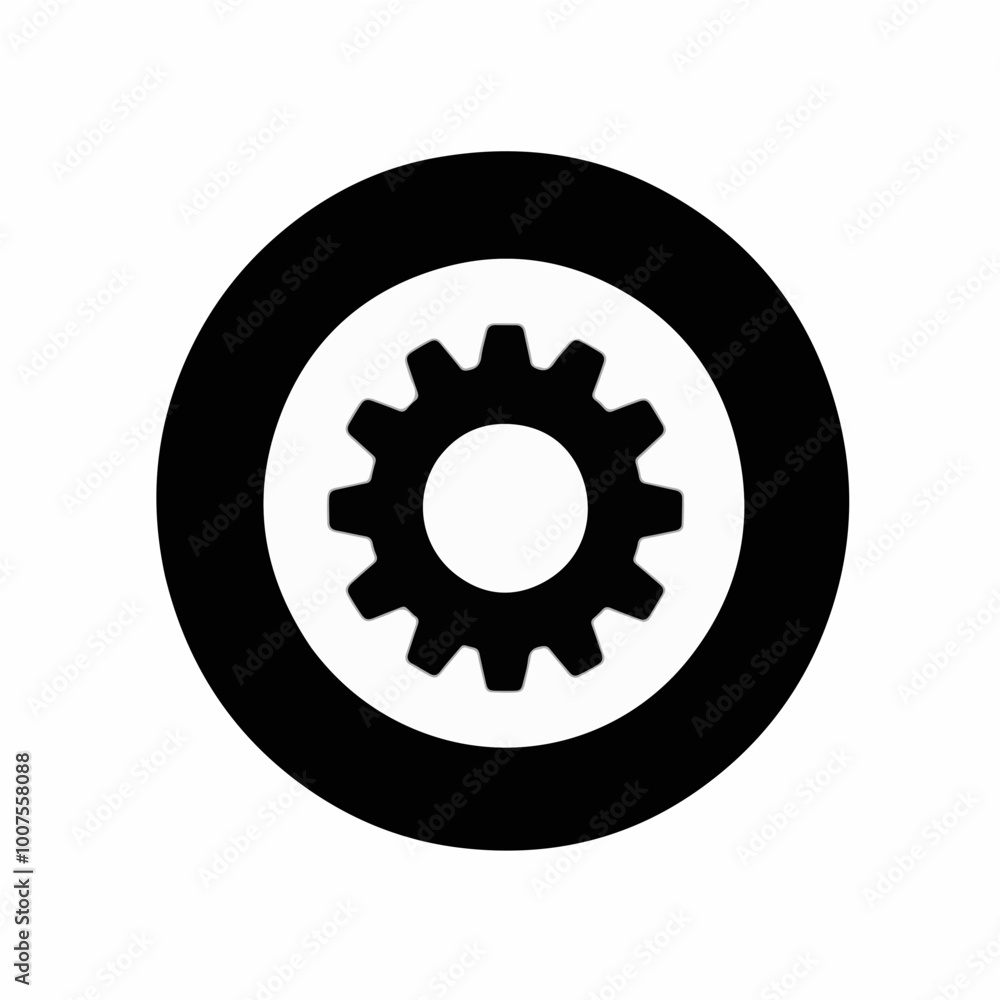 Black and white gear icon within a circle. Ideal for mechanical, industrial, or technology-related branding with a modern and clean design. Black and white gear icon within a circle. Ideal for mechanical, industrial, or technology-related branding with a modern and clean design.