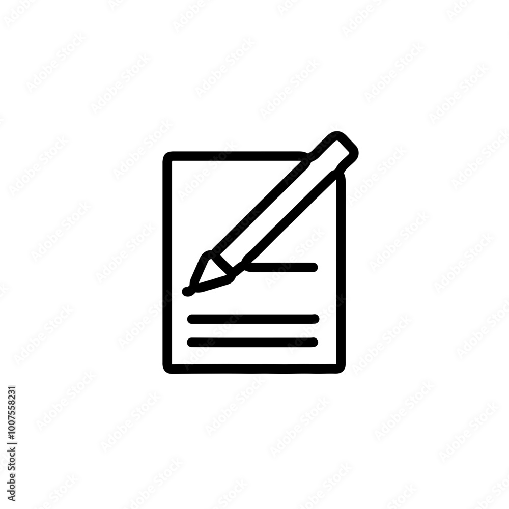 Minimalist vector icon of a pencil writing on a piece of paper, symbolizing writing, editing, or note-taking. Minimalist vector icon of a pencil writing on a piece of paper, symbolizing writing, editing, or note-taking.