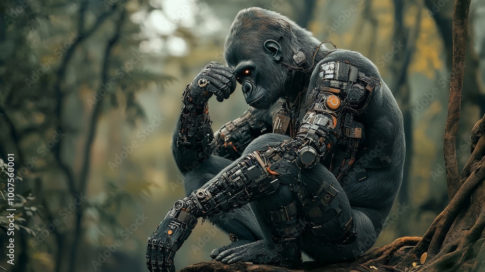 A robotic AI gorilla sitting among the trees, its mechanical body powered by advanced AI, interacting with its environment as if it were a real part of the jungle ecosystem A robotic AI gorilla sitting among the trees, its mechanical body powered by advanced AI, interacting with its environment as if it were a real part of the jungle ecosystem