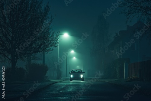 Foggy Night Street Scene with Illuminated Lights photo