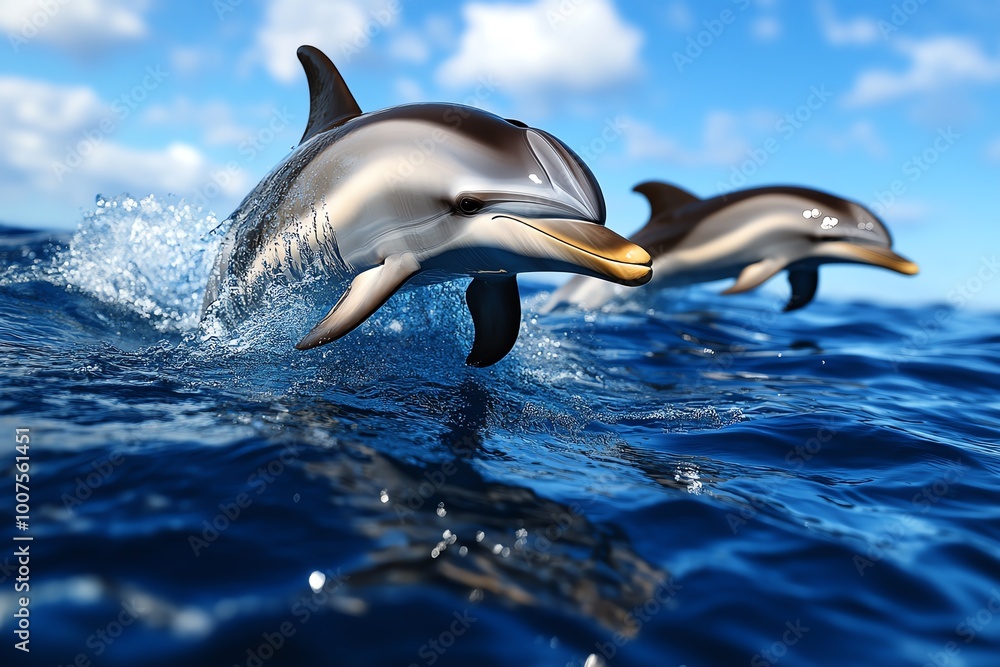 Fototapeta premium Hyper-realistic image of a pod of dolphins swimming in the ocean, with their smooth bodies cutting through the water, captured with vivid, lifelike detail.