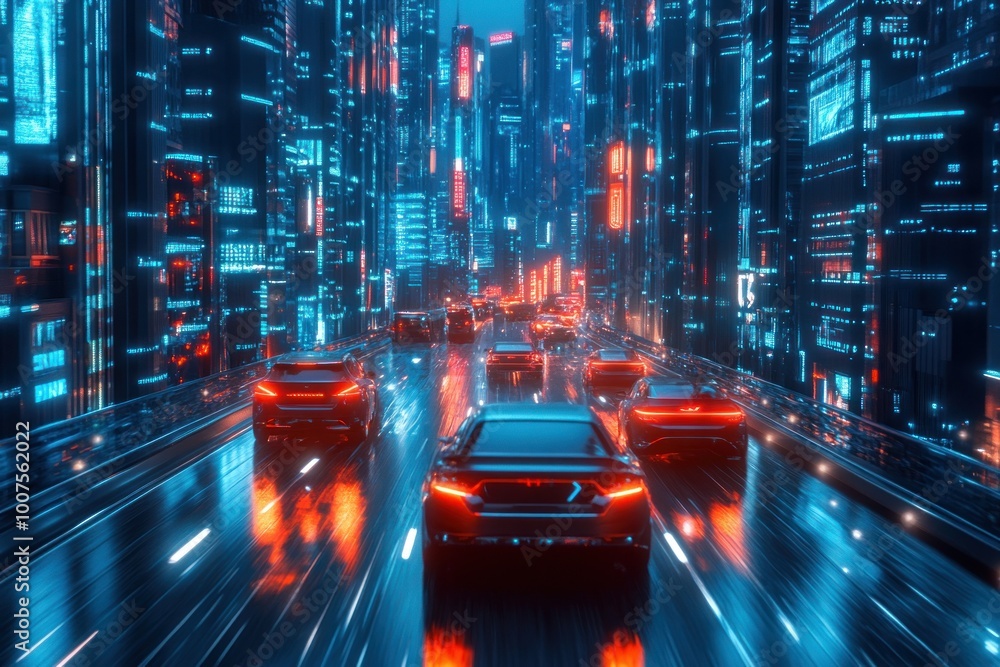Fototapeta premium Futuristic Cars Navigating a Neon Cityscape at Night