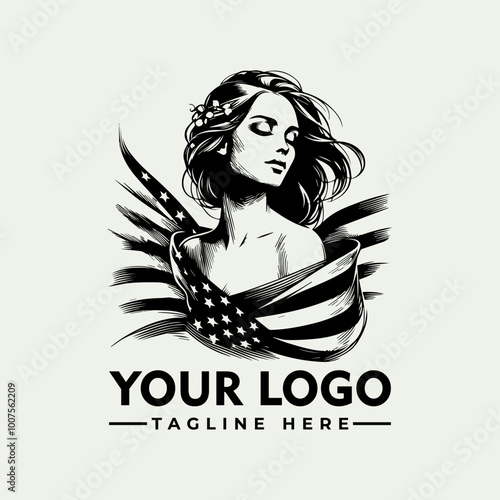 Woman draped in American flag vector logo black and white Woman proudly draped in American flag, in black and white. Suitable for patriotic designs, Independence Day, Veterans Day, or political themes