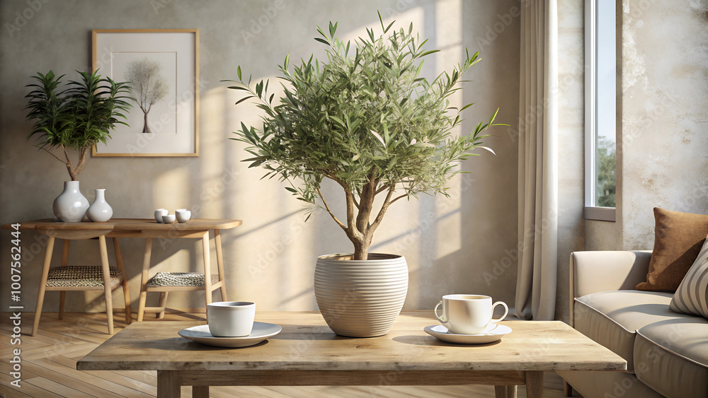 Textured vase with olive tree branches, cup of coffee Textured vase with olive tree branches, cup of coffee