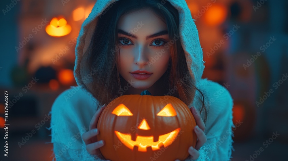 Mysterious Hooded Girl Holding Glowing Halloween Pumpkin in Dark Candlelit Room Mysterious Hooded Girl Holding Glowing Halloween Pumpkin in Dark Candlelit Room