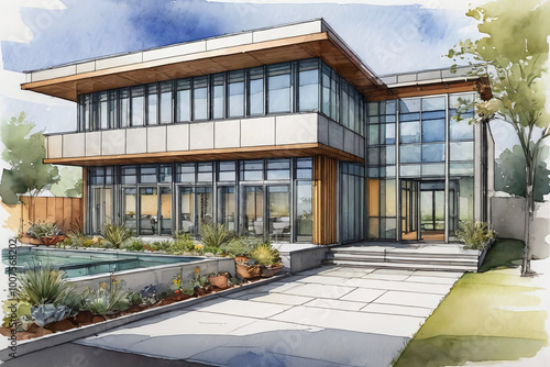 Modern Architecture with Greenery, Watercolor Style sketch a sustainable office ,apartment ,minimalist modular house .building project hand drawing modern architecture and landscaping