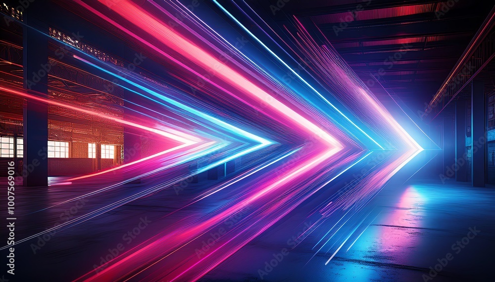 A vibrant display of dynamic, colorful light beams moving through an industrial space, creating a sense of motion and depth. A vibrant display of dynamic, colorful light beams moving through an industrial space, creating a sense of motion and depth.