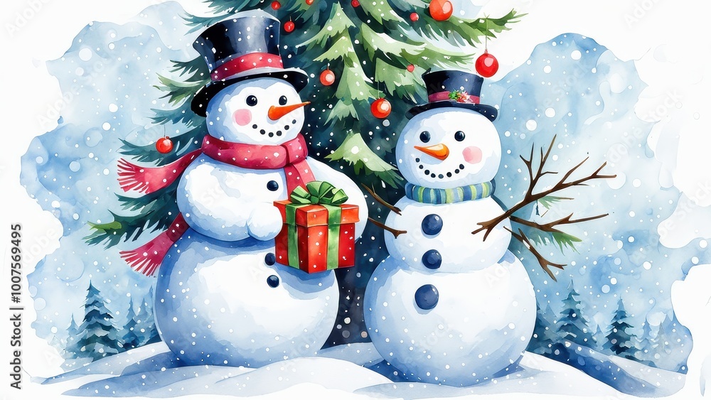 Fototapeta premium Two cheerful snowmen in winter attire, one holding a gift, set against a snowy backdrop.
