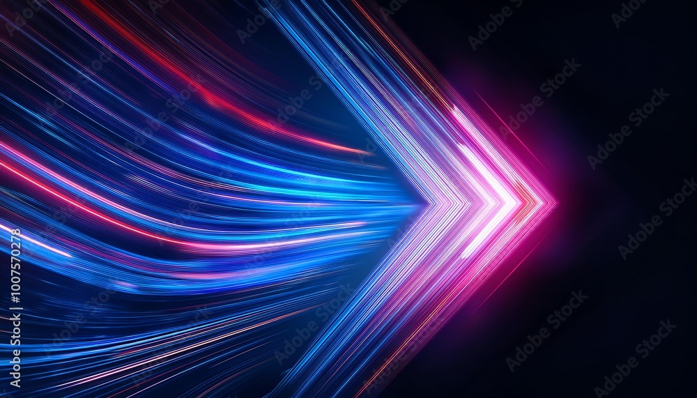 A vibrant, abstract image featuring dynamic light trails forming an arrow shape, showcasing a mix of blue and pink colors against a dark background.