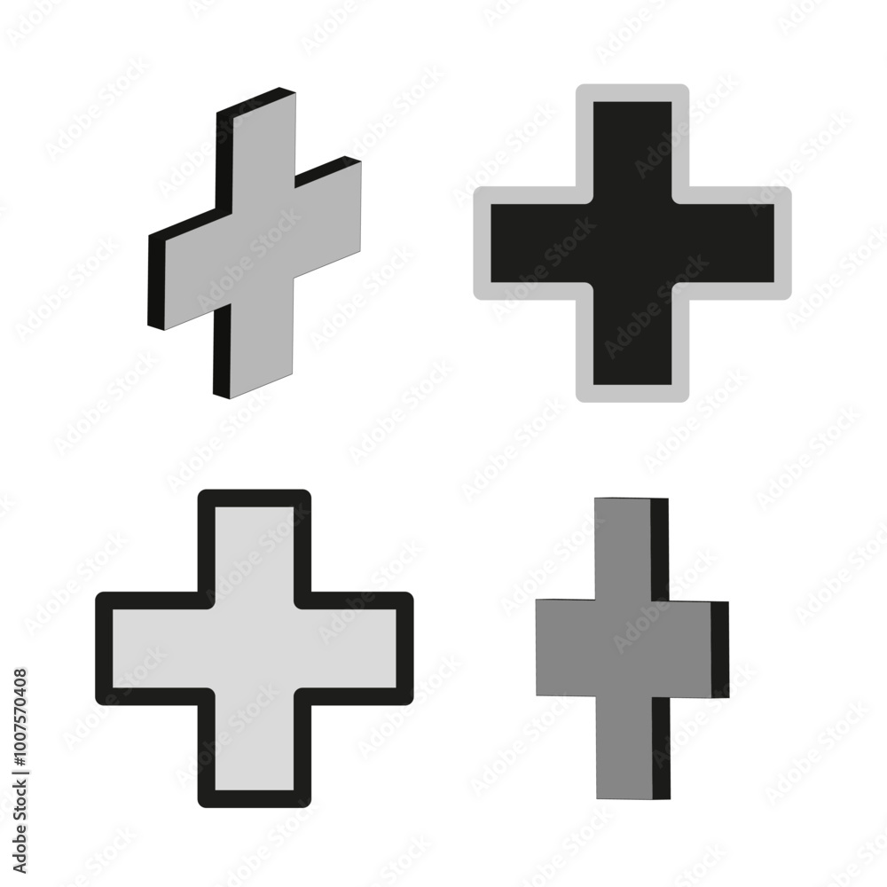 Cross symbol icon. Geometric black cross. 3D shaded cross. Modern vector shape. Cross symbol icon. Geometric black cross. 3D shaded cross. Modern vector shape.