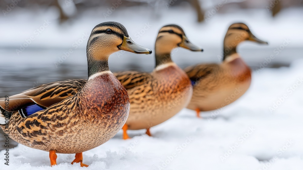 Mallard Ducks on Snowy Lake in Winter Wildlife Photography Mallard Ducks on Snowy Lake in Winter Wildlife Photography