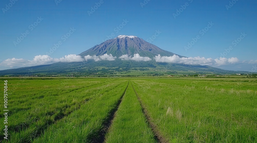 Majestic Volcano Mountain Landscape with Green Field and Blue Sky Majestic Volcano Mountain Landscape with Green Field and Blue Sky