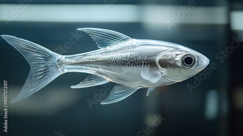 A sleek AI robotic fish swimming gracefully in a modern tank, its metallic scales shimmering, mimicking the movements of real fish, adding a futuristic touch to home decor