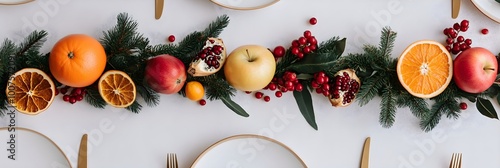 Beautiful autumn table setting with white tablecloth and candles decorated with fresh apples, pormengates, leaves and branches. Celebrating Rosh Hashanah, Thanksgiving Day, harvest festival, wedding photo