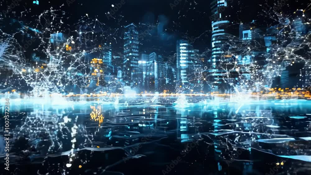 Glittering metropolis skyline reflected in dark water. Shimmering starlight and ice crystals create ethereal patterns. Illuminated skyscrapers pierce night sky. Glittering metropolis skyline reflected in dark water. Shimmering starlight and ice crystals create ethereal patterns. Illuminated skyscrapers pierce night sky.