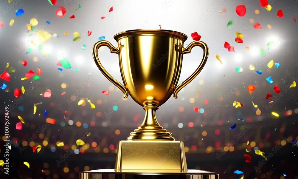 A shiny gold trophy cup, sparkling under bright lights, surrounded by colorful confetti raining down A shiny gold trophy cup, sparkling under bright lights, surrounded by colorful confetti raining down