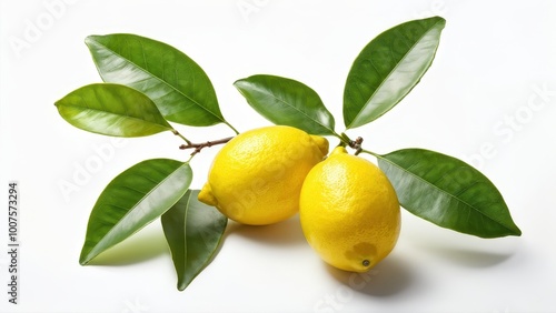 Two vibrant lemons with green leaves on a white background.