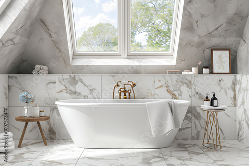 Stylish bathroom interior design with marble panels, bathtub, towels, and modern glamour personal bathroom accessories, roof window