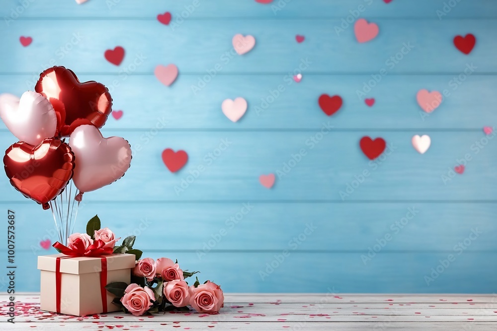 Valentine's Day background with heart-shaped balloons, gift box, and roses on a wooden table Valentine's Day background with heart-shaped balloons, gift box, and roses on a wooden table