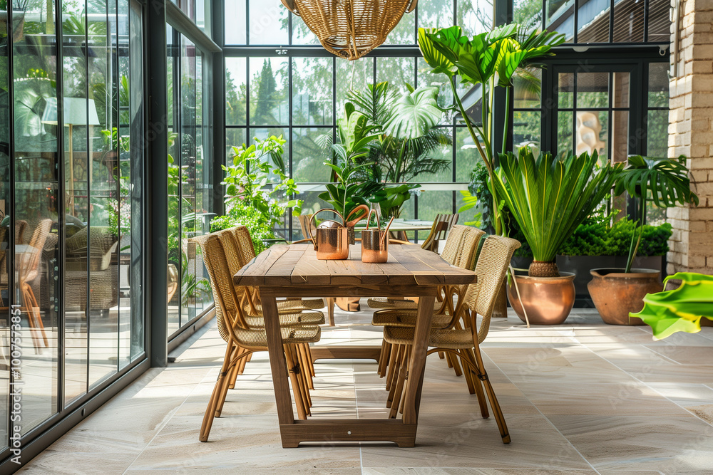  Stylish composition of oak wooden table, copper watering can, and modern floor in beautiful orangery with lush greenery and natural decor