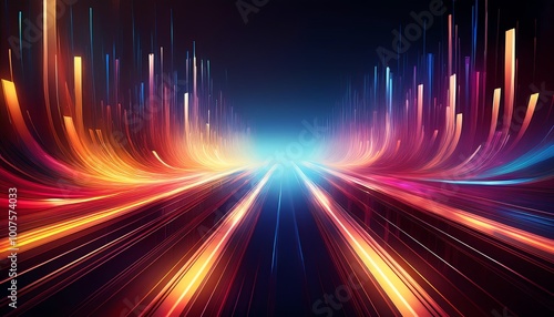 A vibrant, abstract view of light trails creating a dynamic sense of speed and motion against a dark background.